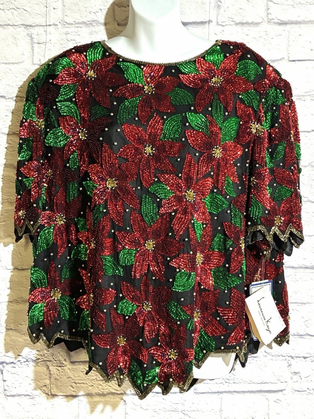 Vintage Laurence Kazar Poinsettia Sequin Beaded Silk Christmas Top, 3X NWT